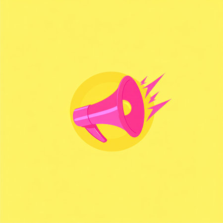 A flat vector logo of a megaphone, with a simple design, a yellow background, and a minimalistic style. The graphic elements are of professional quality and high resolution, with a sharp focus. The megaphone is filled with a bright pink color and has lightning bolts around it to symbolize the power or sound coming out from inside the speaker. It's set against a solid pastel yellow circle that adds depth and contrast. This design would be suitable for advertising, marketing, social media, web banners, and other applications. --v 6.1 Job ID: da5233a4-aca8-445d-8a0b-0576113749f9の素材
