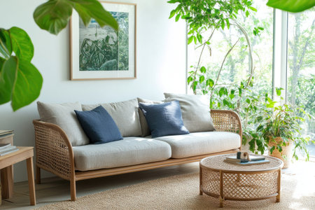 A living room with plants, wooden furniture, and a sofa in front of the window. Scandinavian interior design concept in the style of minimalism with a green plant. White walls. Minimalist home decor theme. Wicker coffee table on a jute rug near a grey couch with a blue pillow. On a desk with a framed picture on the wall. Natural light. --ar 3:2 --v 6.1 Job ID: c3f3b597-7aea-4c18-9023-3eab7b6a6ba1の素材