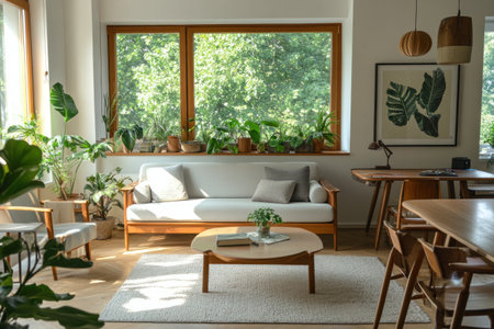 A modern living room with wooden furniture, plants and greenery, white walls, window frames, a coffee table, a sofa, an armchair, a carpet, a desk, chairs, a framed picture on the wall, and natural light from large windows. --ar 3:2 --v 6.1 Job ID: 0dec233b-b0c6-48de-aa6f-6128e9967449の素材
