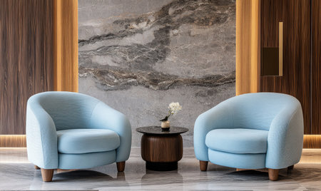 A minimalist, modern living room with two light blue chairs and an accent side table, featuring textured wooden panels on the wall. The background is a grey marble stone, creating a sleek and elegant atmosphere. --ar 5:3 --v 6.1 Job ID: fd5bdd9e-957c-4d29-94ee-61985e706686の素材