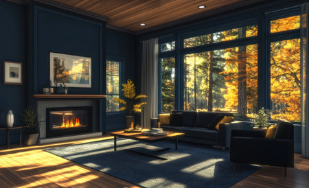 A modern living room with dark blue walls, a wooden floor and ceiling, a large window on the right side showing trees outside, a fireplace in front of a sofa, and a coffee table near a black armchair. --ar 49:30 --v 6.1 Job ID: e049faac-8d9a-49cc-bcb2-2b9f8041082dの素材