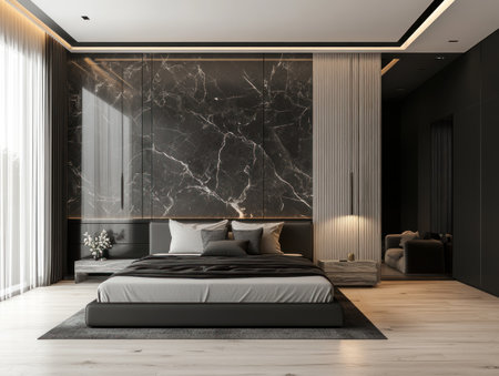 A modern bedroom with a gray and black marble wall, light wood flooring, a sofa in front of the bed, a black and white color palette, and a low ceiling. The interior design is modern and photorealistic. --ar 4:3 --v 6.1 Job ID: 8594c5f0-fecb-40f2-8308-849c509e1cf6の素材
