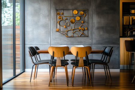 A photo of a dining table with chairs in front of a grey wall, decorative metal art on the wall, a mid-century modern style interior design, and a wooden floor. --ar 3:2 --v 6.1 Job ID: 23f49286-1050-4dc5-a284-c2a3bf20deebの素材