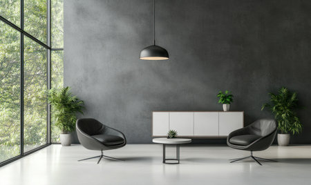 A modern interior design of an office lounge with two chairs, a table, and a cabinet in front of a grey wall with a white floor. A single pendant light hanging from the ceiling illuminates the space. The room is well-lit by natural sunlight coming through the window on the left side. Minimalist style. --ar 5:3 --v 6.1 Job ID: dc1490a1-f642-495a-80aa-232adead87b3の素材