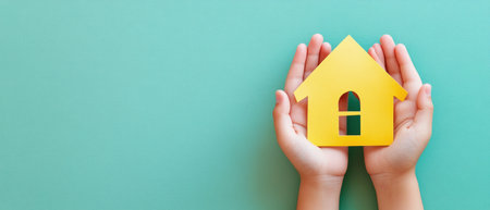 A pair of hands holding a yellow paper house on a light green background, representing a real estate concept. A child's hand holds the cut-out home icon, symbolizing a new business idea or the first step in buying or perhaps moving to one's own place for family life. The copy space area is perfect for use as an ad banner. --ar 7:3 --v 6.1 Job ID: bde3cde1-e766-4c05-9f39-9d28681d5990の素材