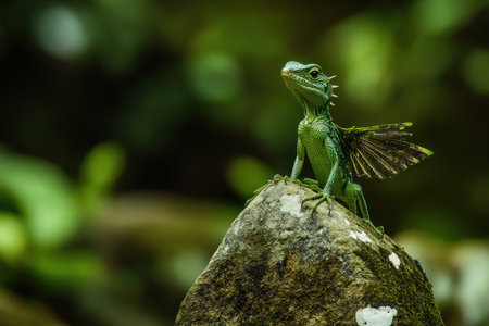 A vibrant green lizard with wings, perched on an ancient stone in the rainforest. Documentary photograph, award-winning photography by National Geographic. --ar 3:2 --v 6.1 Job ID: bfc60065-eed8-4917-b84b-ebb307e2dfc9の素材