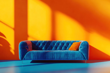 Blue sofa against an orange wall in a living room interior with copy space, a flat lay concept, a 3D rendering mock-up for a presentation design template, in a blue and orange color scheme. --ar 3:2 --v 6.1 Job ID: 07763b8c-c57c-4461-a8f3-1ddccea56543の素材