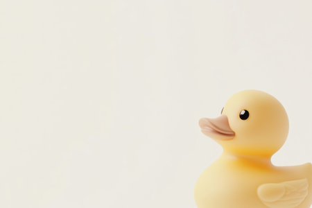 Close-up of a rubber duck on a white background, high-resolution photography, high-quality photorealistic image, stock image, copy space for text or graphics on the right side, solid color backgrounds, copy space on the top and bottom of the banner for print design, high key, yellow colors, isolated on a pure white background, commercial photoshoot, high detail, high sharpness. --ar 3:2 --v 6.1 Job ID: 65b7acfa-2925-473d-bca0-6a3f97197aa1の素材