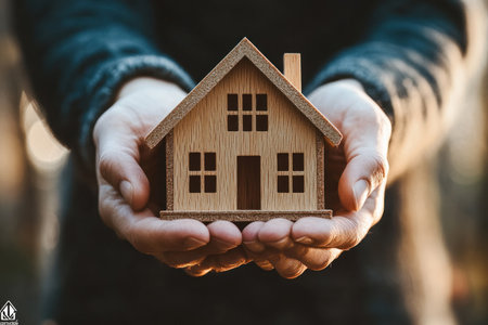 Elderly couple holding a miniature house model, close-up shot with focus on their hands and the detailed structure of the tiny home. The background is blurred to emphasize them as they smile while showcasing an icon symbolizing security and residential contentment. --ar 3:2 --v 6.1 Job ID: e1ce4d82-e087-4cff-9b2c-7350ad09b805の素材