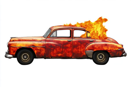 Flaming car isolated on a white background, PNG photo cutout. --ar 3:2 --v 6.1 Job ID: 326cc6b3-1180-47e2-ab82-5fc7b8f004dcの素材