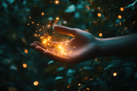 Hand holding a glowing light with shining stars on a dark background, a concept for spirituality and magic with copy space. --ar 3:2 --v 6.1 Job ID: 04325680-0ad0-4492-b8ed-89d43c8fa450の素材