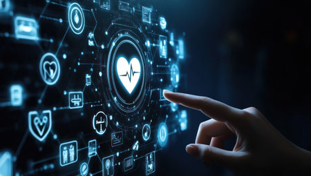 Hand touching digital healthcare icon on virtual screen with medical symbols for technology and healthcare concept, dark blue background. High-quality, photorealistic, detailed illustration. A hand touches the large white plus symbol surrounded by icons of heart monitor, stethoscope, and shield in front of a black background. In the style of stock photography. The focus is sharp and deep. --ar 53:30 --v 6.1 Job ID: 76156fbf-d468-4815-b377-cc95fa35c463の素材