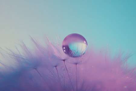 Macro photograph of a water drop on a dandelion seed, with a violet and turquoise background and a soft focus. --ar 3:2 --v 6.1 Job ID: 77aac64d-23ee-4669-949f-bf035b71b4ceの素材