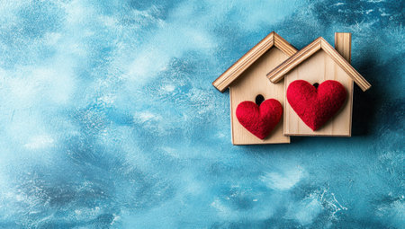 Minimalist background with two hearts and a small wooden house on a blue backdrop, a real estate concept, with copy space for text. --ar 53:30 --v 6.1 Job ID: 7169e298-433d-4a8e-ae89-392c0d83f312の素材