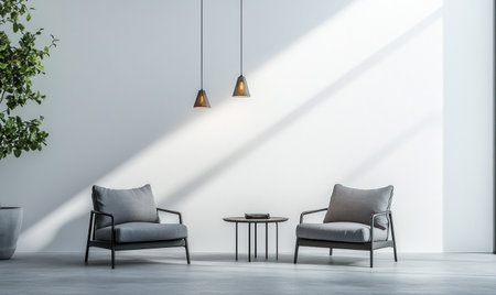 Minimalist interior design of a modern living room with white walls, grey furniture, and warm lighting from a hanging lamp. Bright daylight illuminates the space, creating a serene atmosphere. The composition features two armchairs near a table on a concrete floor. --ar 5:3 --v 6.1 Job ID: 482fe442-76e7-4a9d-8f21-c140da2ddc12の素材