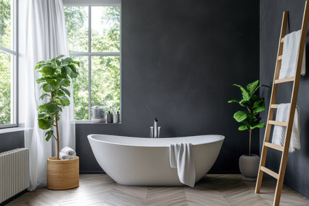 Modern bathroom with dark gray walls, a white bathtub, and a wooden ladder nearby. The floor features a herringbone wood pattern. This minimalist interior design is characteristic of a modern home. --ar 3:2 --v 6.1 Job ID: dc3cbe45-7923-4440-b4cf-f722c70a97e1の素材