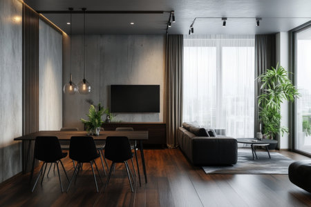 Modern interior of an apartment in the style of wabi-sabi, with concrete walls and a dark wood floor. Large windows with sheer curtains on one side, a modern dining table with black chairs, a couch against the wall with a flat-screen TV above it, and warm lighting and plants throughout. --ar 3:2 --v 6.1 Job ID: 5fcb584a-366f-48d5-81f3-a4a61b5b9fbfの素材
