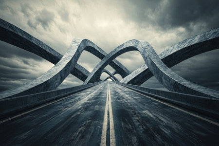 A road leading to the horizon with multiple paths, each going in different directions. The sky is overcast and gray, symbolizing challenges or business health due to various paths being closed off by bridges or obstacles. A concept of complex pathways for creating digital marketing and real estate sales. Photo-realistic. --ar 3:2 --v 6.1 Job ID: b5f59086-4c35-473f-a9a2-a36252d0d487の素材