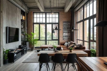 Stylish living room with a dining table, sofa, and TV set in an industrial-style apartment featuring concrete walls, large windows, wooden flooring, pendant lighting, grey tones, a dark brown leather couch, black chairs, plants, and a neutral color palette. --ar 3:2 --v 6.1 Job ID: 26b91b71-4307-40f3-b9b6-2d77f1e688b1の素材
