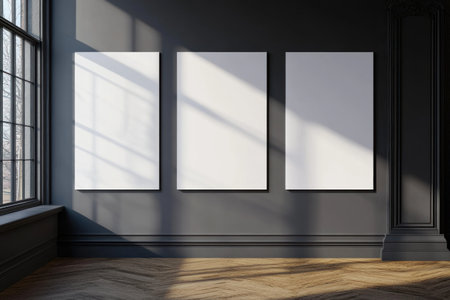 Three blank white posters on a dark wall in a room with a window and a wooden floor, side view, high-resolution photography. --ar 3:2 --v 6.1 Job ID: 0362b5c1-e7a7-4699-a542-3bf9a7ac9363の素材