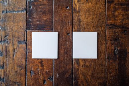 Photo of two blank business cards on a wooden background, top view. Web banner with copy space for text in the style of stock photo. Two white square card mockups laying flat on a dark wood table, close-up. --ar 3:2 --v 6.1 Job ID: 9f75b6da-fbf3-4433-81a1-c8366f69ae0aの素材