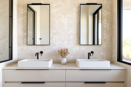 Two minimalist white bathrooms with double sinks and two large mirrors, hexagonal tile walls, modern black faucets on the left side of each countertop, frontal view, boho style, beige color palette, high-resolution photography, hyper-realistic. --ar 3:2 --v 6.1 Job ID: e0d09eac-2380-4c26-8b6e-7c06527def7fの素材