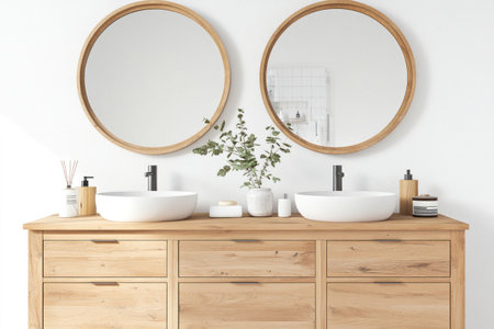Two round mirrors above a wooden bathroom vanity, a minimal interior design of a modern bathroom with light tones, front view, photorealistic render, detailed, high resolution, interior photography, bright lighting. --ar 3:2 --v 6.1 Job ID: ac2c9ab6-26a2-44f2-ae00-f89f7a1b3bcaの素材