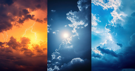 Three photos of the same sky during different weather conditions: one with lightning and thunder, another with blue skies and white clouds, and the third with the sun shining brightly. The left side is dark with dramatic lighting from the thunderstorm. In between the two images, there is an empty space for text or a logo. --ar 19:10 --v 6.1 Job ID: 69615406-a252-4866-a550-65903c1c74e4の素材