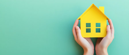 Photo of a pair of hands holding a yellow paper house on a light green background, representing home authenticity and real estate focus for property sales or business concept with copy space. Web banner with copy space to the right. --ar 7:3 --v 6.1 Job ID: f59fb609-cba7-4b20-894e-e83f0d7cdbefの素材