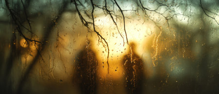 Photograph of a close-up view through the raindrops on a window, showing blurred figures and branches in the background, creating an ethereal atmosphere. Water droplets and blurred city lights in the background. --ar 7:3 --v 6.1 Job ID: dad2af68-cb13-422d-b5c8-e68b9e7570caの素材