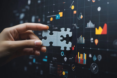 Photo of a hand holding an uncluttered puzzle piece with business icons and graphs, representing the process to project management success in marketing. Web banner with copy space on the left side for text. --ar 3:2 --v 6.1 Job ID: bf320d4c-f571-4d0e-9a84-25d23561df82の素材
