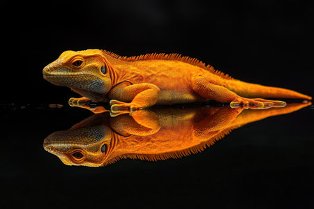 Photograph of an orange iguana on a black background, studio shot, reflection photography, dynamic pose, full-body shot, hyperrealistic. --ar 3:2 --v 6.1 Job ID: 70406e5f-00c3-4278-816f-9c1dba52d1ceの素材