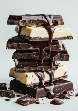 Photo of a stack of chocolate bars with melted dark and white chocolate dripping down the sides, isolated on a clean background. --ar 7:10 --v 6.1 Job ID: fc6ab088-b00d-44b7-b80a-4f8d4febd6d6の素材
