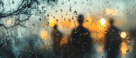 Photograph of a close-up view through the raindrops on a window, showing blurred figures and branches in the background, creating an ethereal atmosphere. Water droplets and blurred city lights in the background. --ar 7:3 --v 6.1 Job ID: dad2af68-cb13-422d-b5c8-e68b9e7570caの素材