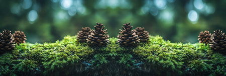 Mossy ground in a forest with a symmetrical pattern, moss and pine cones on the edge of a clearing, a symmetrical pattern, a green nature background, in a banner format, a panoramic view, with blurred edges of the photo. --ar 3:1 --v 6.1 Job ID: fd2f5135-eaa6-48b5-a53b-8f8379d301e6の素材