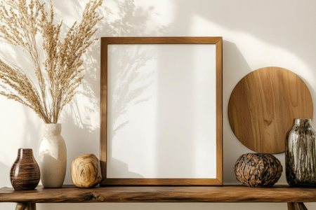 Photo of a blank frame on an elegant console table, surrounded by wooden circles and vases. Web banner with copy space on the right. --ar 3:2 --v 6.1 Job ID: ebed50f5-3f7a-4f6a-a8f3-882ef6daa4f3の素材