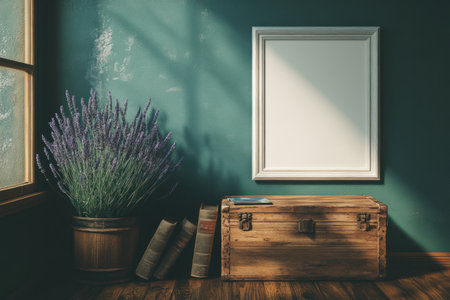 Minimalist mockup of an empty white frame on the wall in a cozy home interior with a wooden chest, books, and a lavender plant. Dark green walls, wooden furniture. Soft daylight. Blue color palette. --ar 3:2 --v 6.1 Job ID: 90ce3df0-692e-4f7c-a87c-449d2f811a52の素材