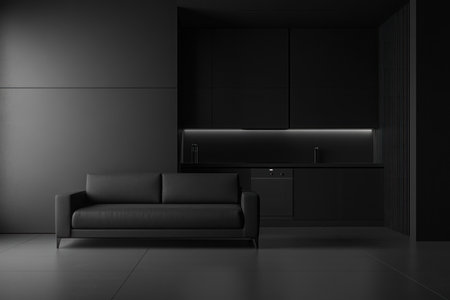 Minimalist interior design of a modern living room with a sofa and kitchen in the background. Black wall, gray floor. 3D rendering illustration mock-up for your presentation, with text space on the right side. --ar 3:2 --v 6.1 Job ID: ccde88a4-6cf3-41a8-be42-b35056bc00bcの素材