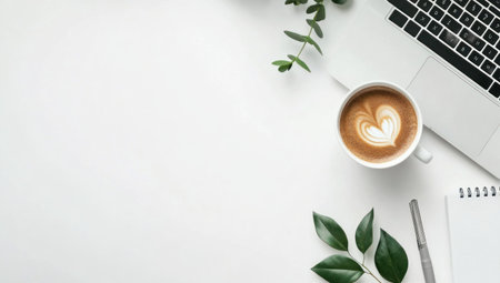 Minimalist white background with a coffee mug, laptop, and notebook on the right side of the desk. Top-down, flat-lay banner for a work-from-home or online education concept. Space for text. --ar 53:30 --v 6.1 Job ID: 4656a330-d17a-4b9a-8fee-103a6eb62f1dの素材