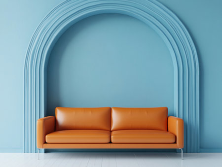 Minimalist, modern arches in a blue wall, with an orange leather sofa. --ar 4:3 --v 6.1 Job ID: 71bcaa17-f70b-479c-b881-65b480c8fdd8の素材