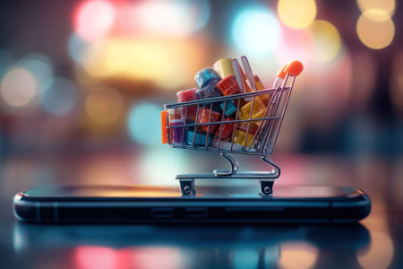 Digital illustration of an online shopping cart on top of a mobile phone, with a blurred background and a bokeh effect. The scene includes the iconography for e-commerce advertising. There is a miniature supermarket trolley filled with products inside it. In the style of digital art. --ar 3:2 --v 6.1 Job ID: 1fcfc12a-8fa4-4a7e-97e6-2c04ff919f7bの素材