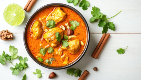 Cursor on a white wooden table with a chicken morsel in a red Kashmiri curry, coconut milk, and nuts, surrounded by the green leaves of a lime and cinnamon sticks, fresh herbs. Top view, food photography, high resolution, detailed texture, vibrant colors, professional lighting setup, isolated on a white background. --ar 53:30 --v 6.1 Job ID: cc81b6ea-b918-47d1-8bdd-b26511cff713の素材