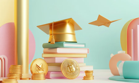 3D rendering of gold coins with a graduation hat, paper plane, and a stack of books on a white background, representing the concepts of education or family financial services. Isolated on a pastel background. --ar 5:3 --v 6.1 Job ID: c50c2225-4882-429a-98aa-b2bc8b5d8dd5の素材