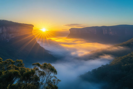 A breathtaking sunrise over the Blue Mountains, with mist rolling through the valley-covered hills and trees, creating an ethereal atmosphere. The sun rises in front of them, casting its golden glow on the landscape, illuminating the foggy valleys below. --ar 3:2 --v 6.1 Job ID: 48ab7934-de83-40ab-9ee0-0a06da479fbbの素材