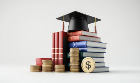 3D rendering of financial elements like books, a graduation cap, and coins with a zoom-out stack to show success in education, just over the edge on a white background. Conceptual illustration of money, cash, credit cards, internet shopping, online networks, web tech, business technology, wallpaper design for logos, brand advertising campaigns, social media marketing, and website or app interface templates. --ar 5:3 --v 6.1 Job ID: 82673511-f577-43d2-9dcd-1e83fdf34904の素材