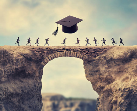 A bridge in the shape and color of an open graduation cap connects two cliffs, with several people running across it to represent academic achievement. The scene symbolizes success in education or a metaphor for the Emperor's new . --ar 37:30 --v 6.1 Job ID: bff204b6-1983-4183-8710-12938143f15aの素材