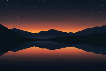 Nighttime silhouette of mountains reflecting in a lake, a dark sky with stars, an orange glow on the horizon, the reflection of the silhouettes in the water, a tranquil and peaceful scene, captured in the style of Sony Alpha A7 III camera. --ar 3:2 --v 6.1 Job ID: 71b4bb81-432b-4ff6-bb67-921bfff74b5bの素材