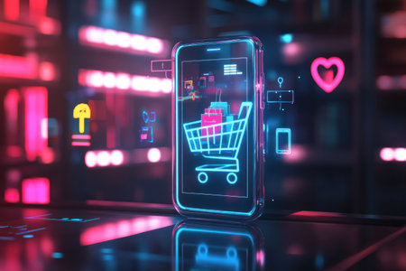 Digital illustration of an iPhone with a holographic shopping cart filled with products, surrounded by neon icons representing online retail services and digital marketing. The blurred background shows shelves in the distance, with high-contrast lighting and a dynamic angle. --ar 3:2 --v 6.1 Job ID: c85581e8-aba8-42fa-ad5e-68a938360d23の素材