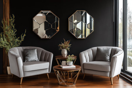 Modern interior design with a black wall, two gray armchairs, and a coffee table, viewed from the front. The scene features a wooden floor, a window on the right side, and geometric mirror frames. The image is photo-realistic in style. --ar 3:2 --v 6.1 Job ID: 898791b9-dcc1-4999-acd7-622444ac1327の素材