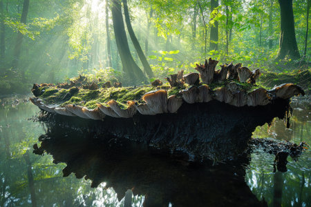 A group of mushrooms growing on a mossy log in a forest, with sunlight filtering through the trees creating dappled light and shadow. Macro photography captures the intricate details of the mushroom's cap and spores in a serene woodland setting with greenery and water reflections. The photograph was taken using a DSLR camera with a wide-angle lens to achieve a depth of field. --ar 3:2 --v 6.1 Job ID: 89d2a25d-dfe1-4463-ab0d-0c68b6a84b5dの素材